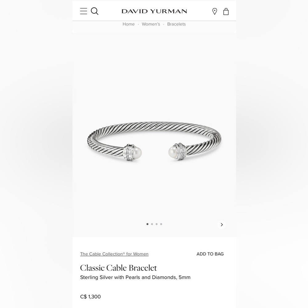 DAVID YURMAN CLASSIC CABLE BRACELET - Sterling silver with pearls & diamonds